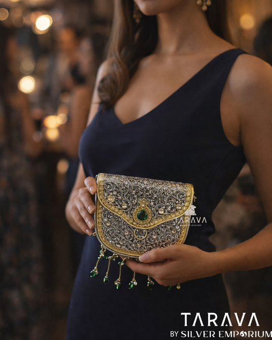 Emerald Tassel Heritage Silver Clutch