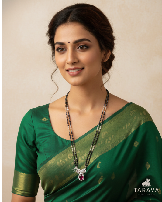 Classic Dual-Line Silver Mangalsutra with Red Stone Pendant