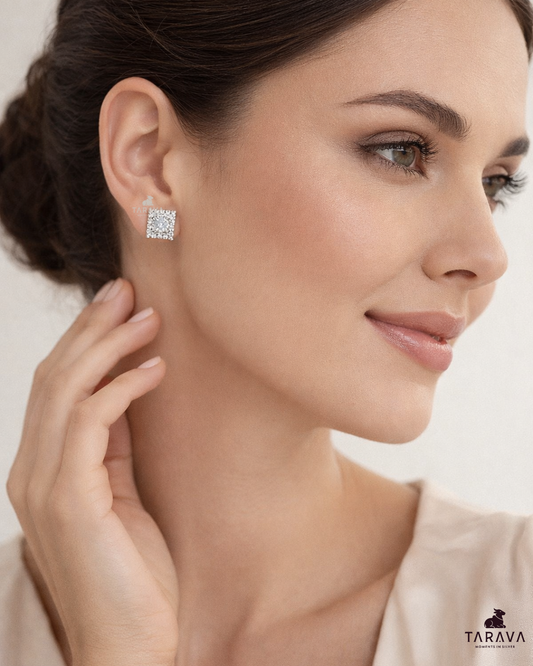 Square Halo Sparkle Silver Stud Earrings