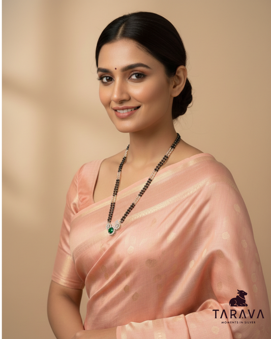 Elegant Dual-Line Silver Mangalsutra with Green Stone Pendant