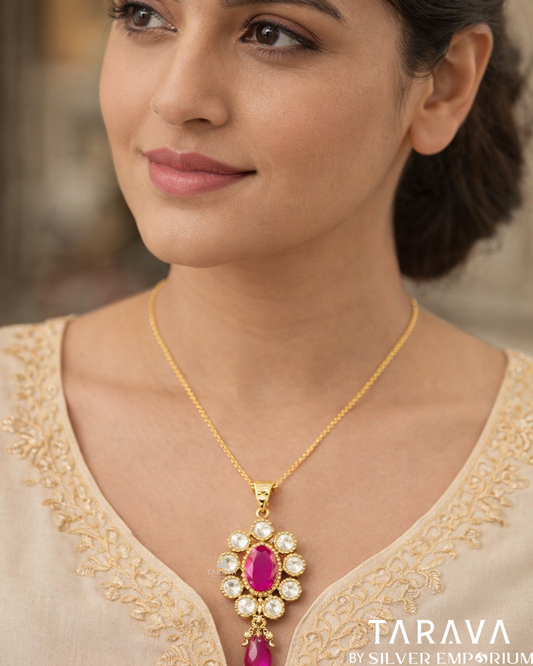 Ruby Bloom Silver Polki Pendant Necklace