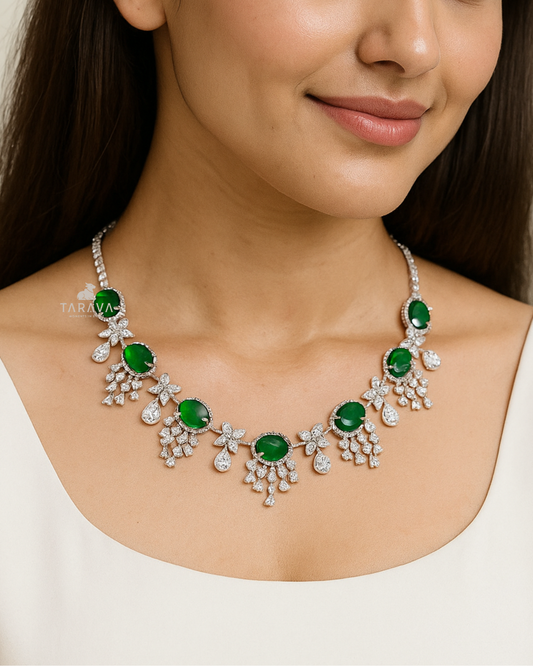 Classic Green Gem Silver Necklace Set