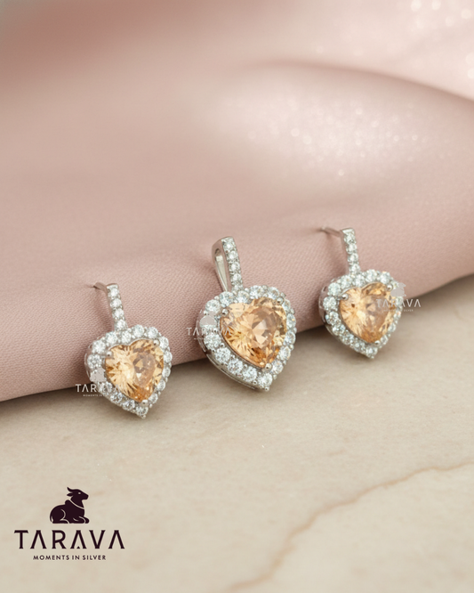 Champagne Heart CZ Silver Pendant with Earrings Set