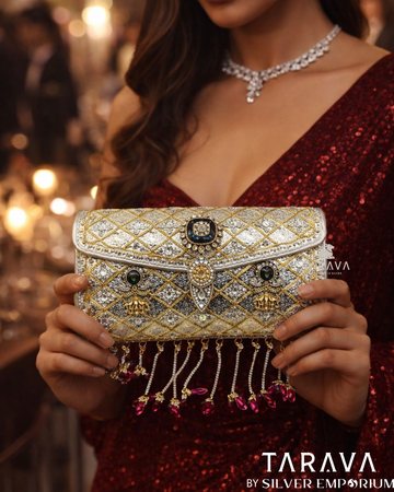 Ruby Drop Diamond-Pattern Silver Clutch