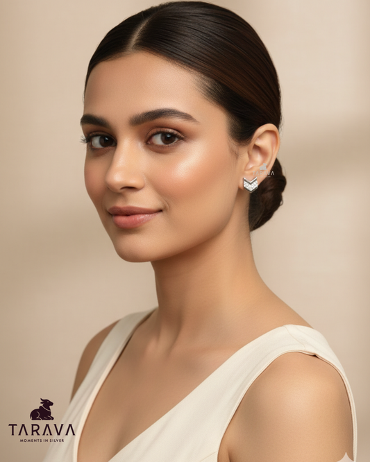 Chevron Sparkle Silver Stud Earrings