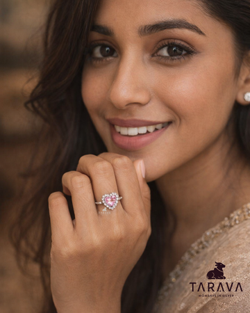 Pink Heart Halo Sterling Silver Ring