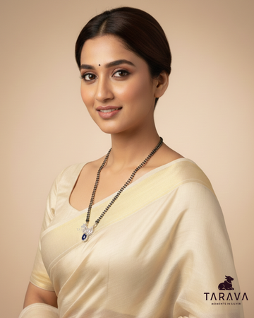 Triple-Motif Silver Mangalsutra with Blue Stone Pendant