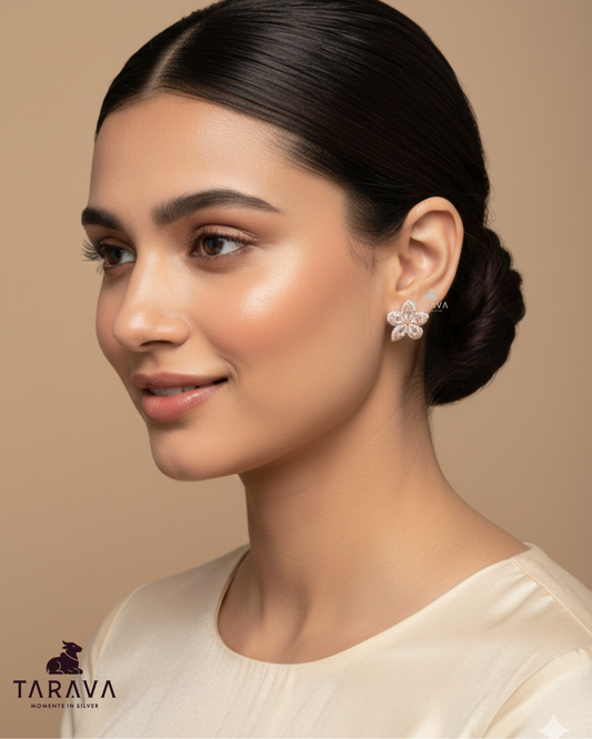 Sparkling Petal Diamond Silver Stud Earrings
