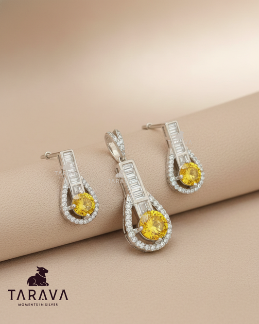 Yellow Radiance Drop Silver Pendant with Earrings Set