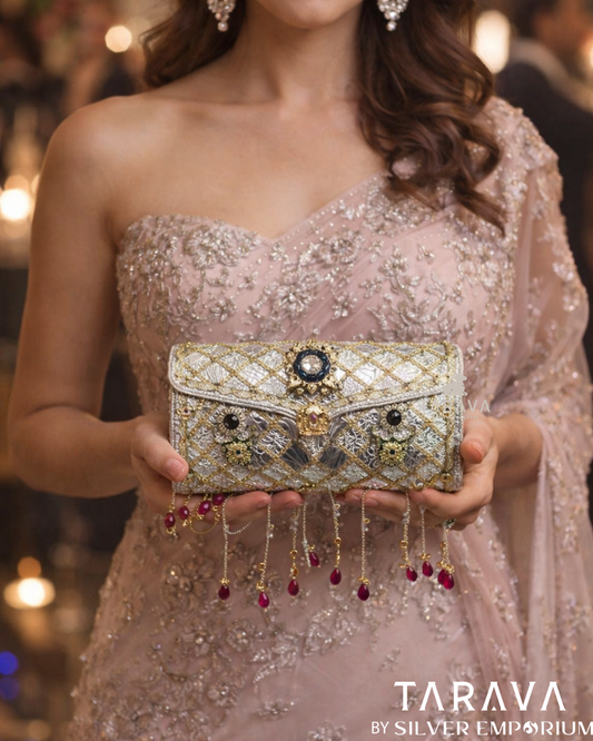 Ruby Drop Diamond-Pattern Silver Clutch