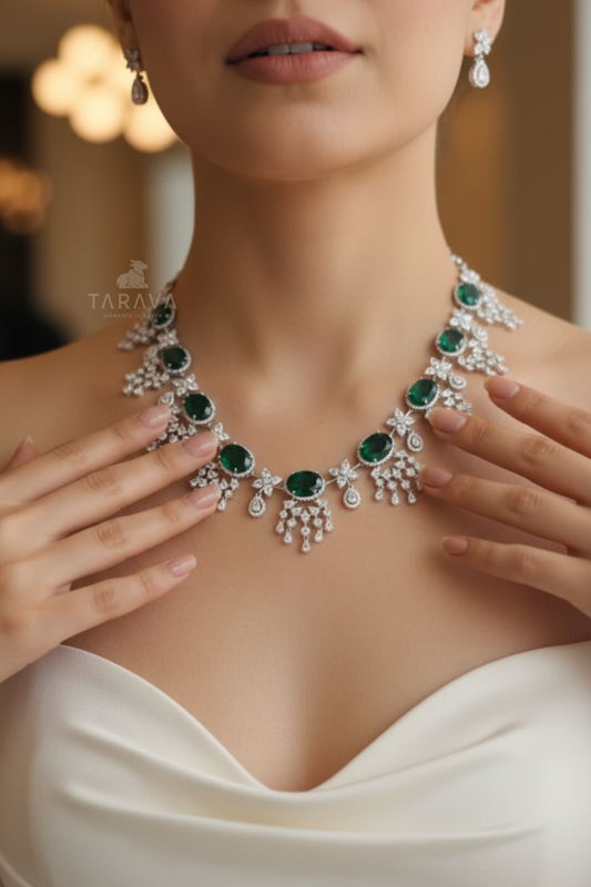 Classic Green Gem Silver Necklace Set