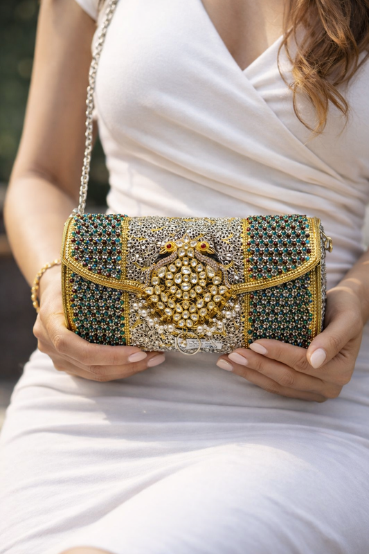 Emerald Bead Heritage Silver Clutch