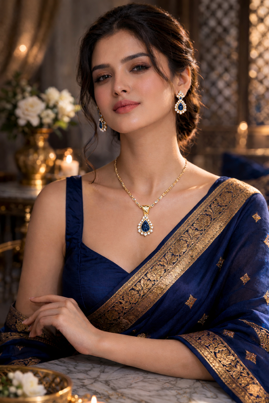 Royal Blue Carved Drop Polki Set