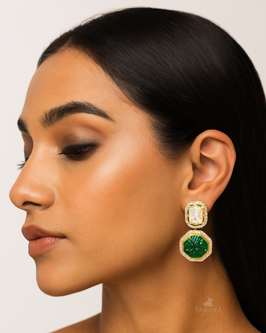 Carved Emerald Polki Earrings