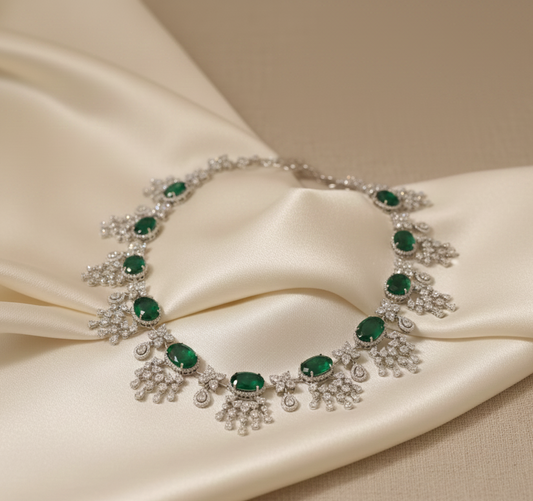 Classic Green Gem Silver Necklace Set