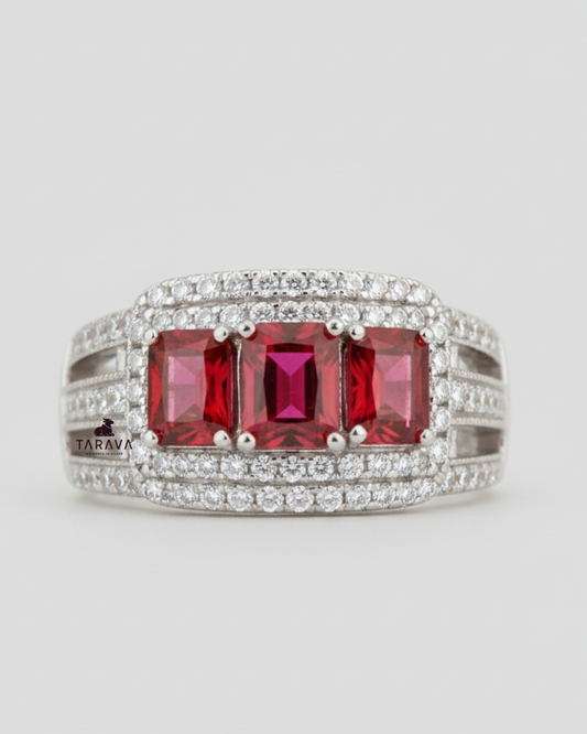 Silver Ruby Emerald-Cut Cocktail Ring