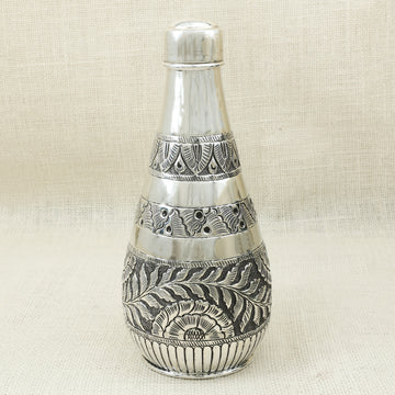 Handcrafted Silver Finish Water Bottle – Layered Floral Band Design