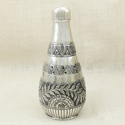Handcrafted Silver Finish Water Bottle – Layered Floral Band Design