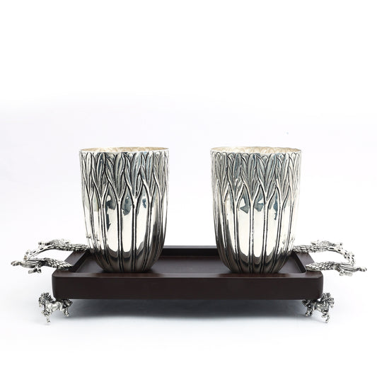 Silver Finish Designer Glass Set – 2 Pcs on WoodenTray