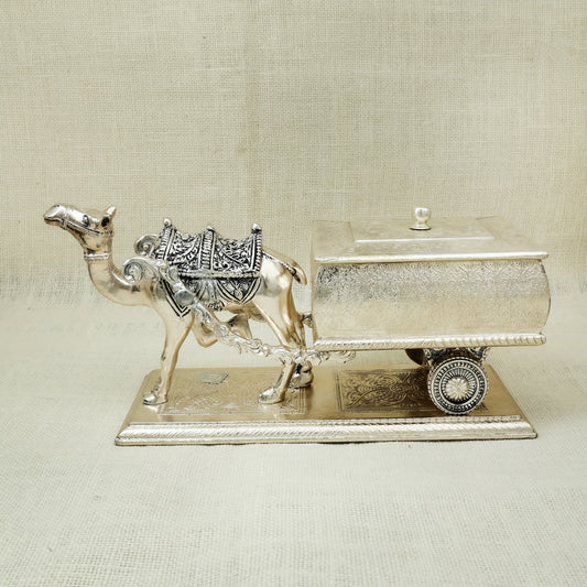 Elegant Silver & Gold-Toned Dry Fruit Box – Antique Floral Camel Cart Design