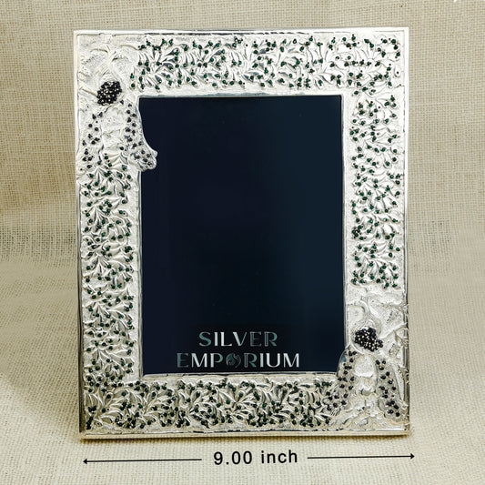 Antique Silver Photo Frame with Enamelled Peacock Design – Wooden Base