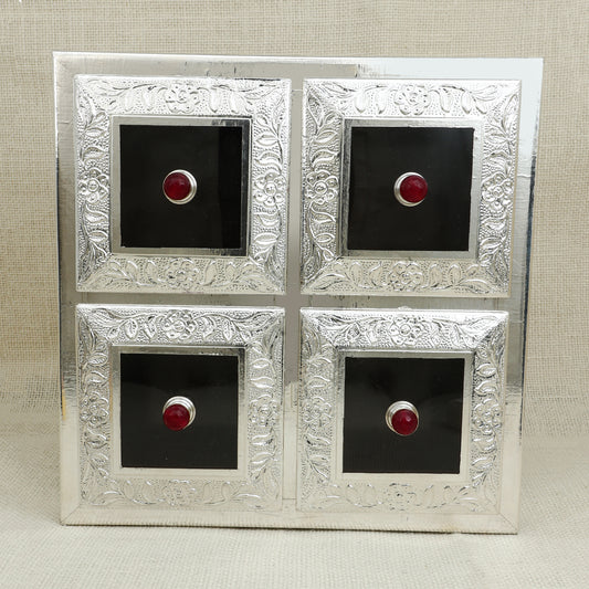 Pure Silver Dry Fruit Box – 4-Compartment with Ornate Floral Design