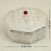 Ornate Silver Octagonal Box – Floral Engraving with Red Stone Knob