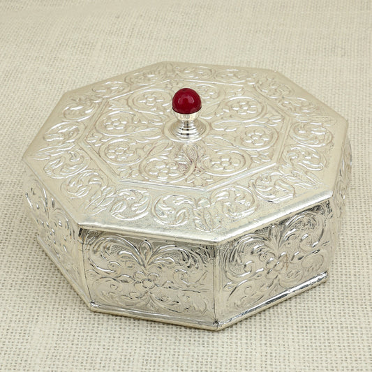 Ornate Silver Octagonal Box – Floral Engraving with Red Stone Knob