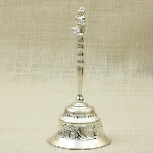 Antique Finish Silver Pooja Bell – Hanuman Handle with Engraved Base