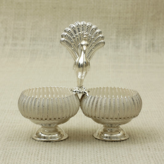 Silver Dual Bowl with Peacock Handle