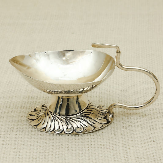 Silver Deepak with Handle and Floral Base