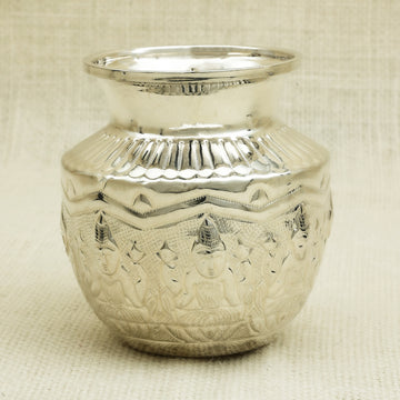 Antique Silver Kalash with Seated Deity Engravings – Traditional Temple Design