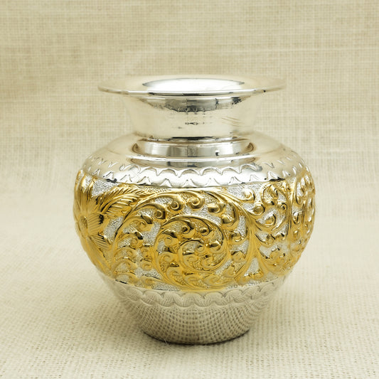 Silver Gold-Plated Engraved Kalash – Traditional Floral Design