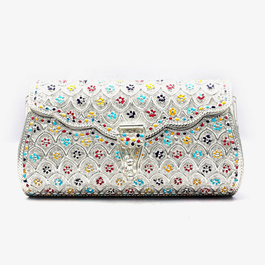 Silver Clutch with Multicolor Enamel Detailing