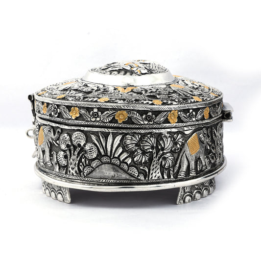Handcrafted Silver & Gold Elephant Motif Box – Ornate Storage