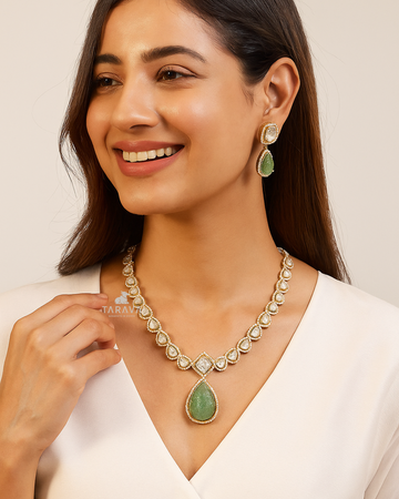 Green Majesty Polki Silver Necklace Set