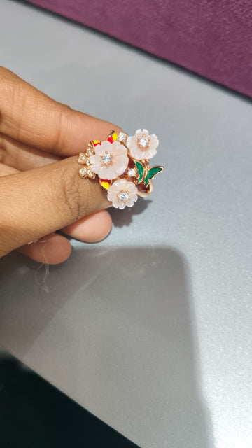 Multicolour butterfly floral silver ring