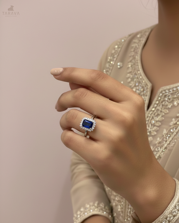 Blue Emerald Cut Halo Ring